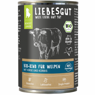 Liebesgut Hundenassfutter Junior Bio Rind mit Hirse und Kürbis 400g