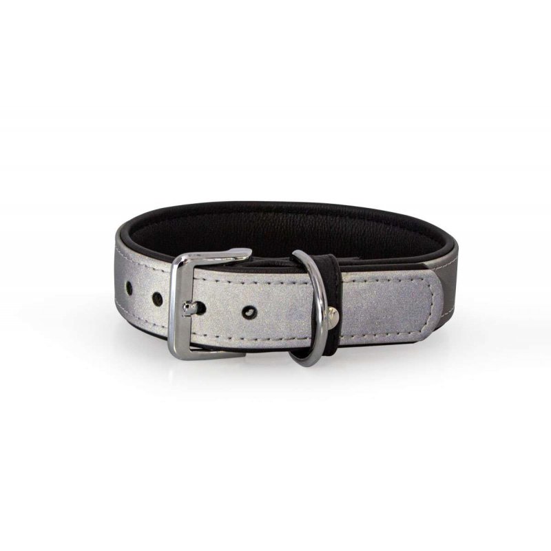Das Lederband Hundehalsband Oslo Silber reflective