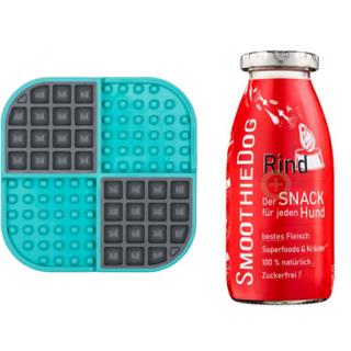 LickiMat Slomo 20x20 cm Türkis + 1 SmoothieDog Hundesmoothie Rind 250 ml