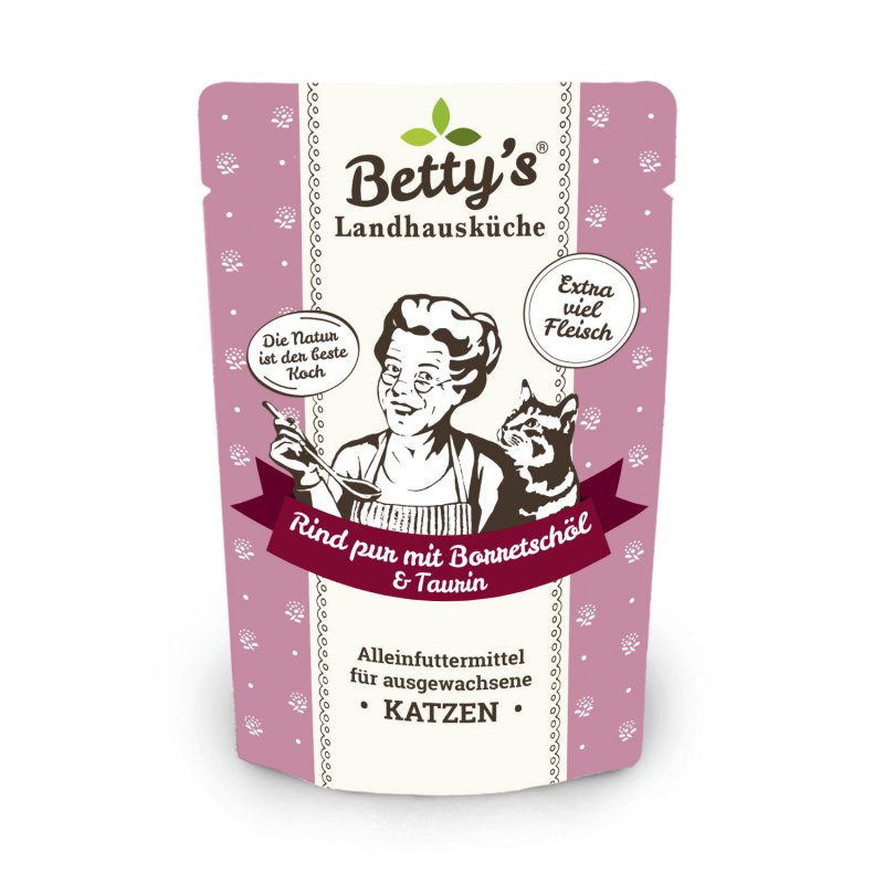 Bettys Landhausküche Katzenfutter Frischebeutel Rind pur mit Borretschöl 100g