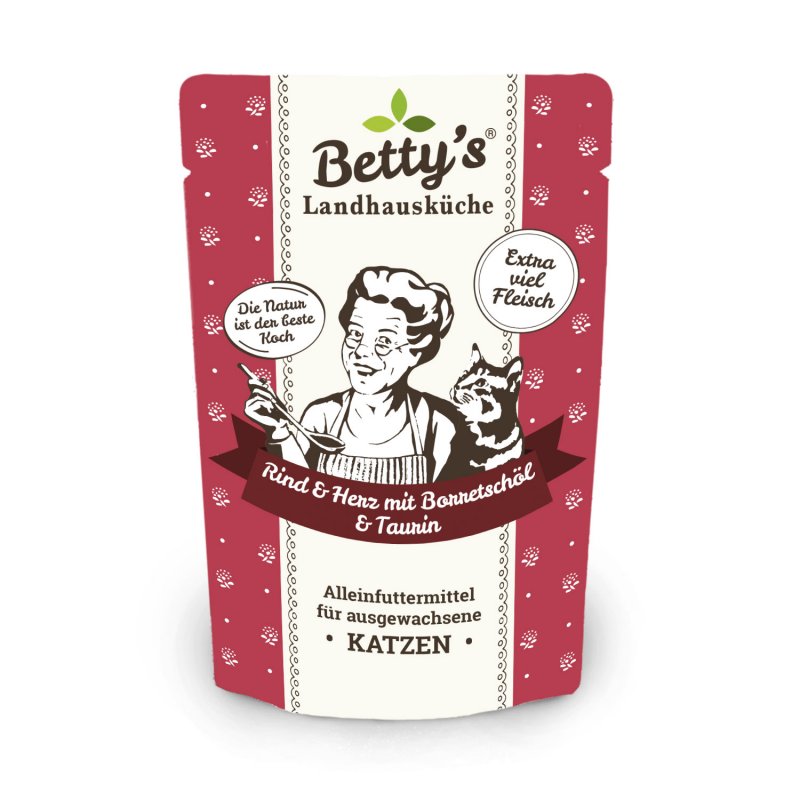 Bettys Landhausküche Katzenfutter Frischebeutel Rind & Herz mit Borretschöl 100g