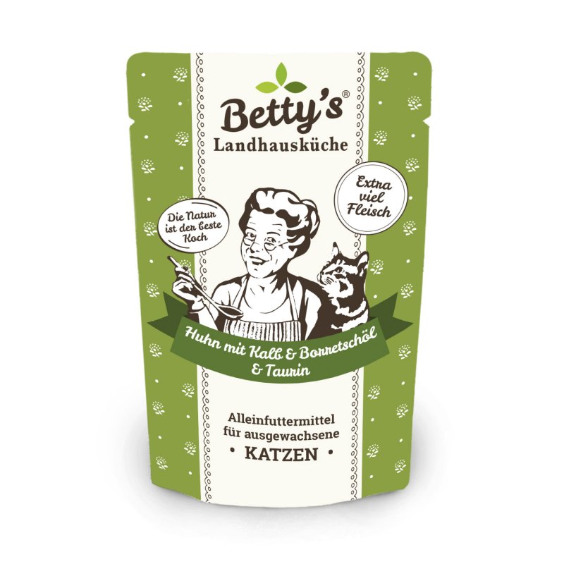 Bettys Landhausküche Katzenfutter Frischebeutel Huhn & Kalb mit Borretschöl 100g