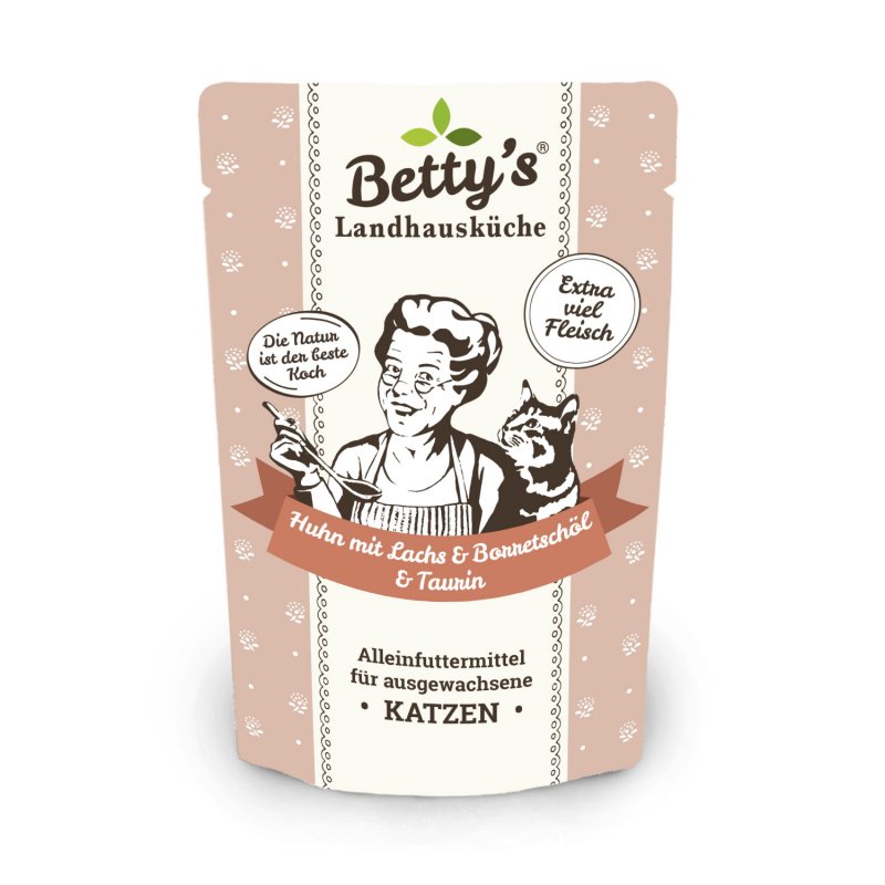 Bettys Landhausküche Katzenfutter Frischebeutel Huhn mit Lachs & Borretschöl 100g