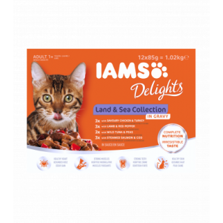 IAMS Delights Katzennassfutter Land & See Mix in Sauce 12x85g