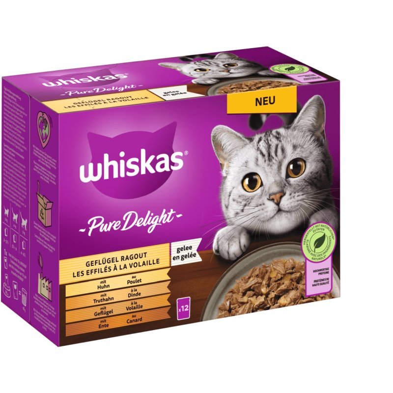 Whiskas Katzen Nassfutter Portionsbeutel in Gelee Multipack Pure Delight Geflügel Ragout 4 x 12 x 85 g