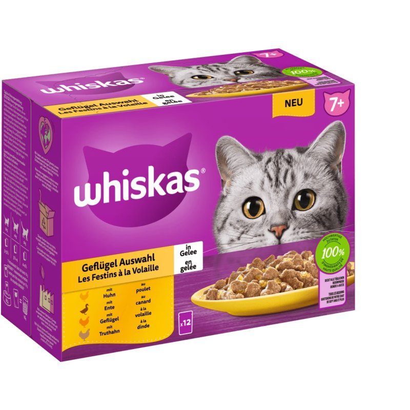 Thumbnail - Whiskas Katzen Nassfutter Portionsbeutel in Gelee Multipack 7+ Geflügel Auswahl 4 x 12 x 85 g