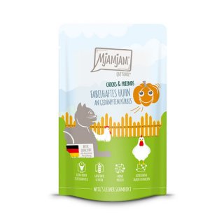 Mjamjam Katzen Nassfutter Chicks & Friends fabelhaftes Huhn an gedämpftem Kürbis
