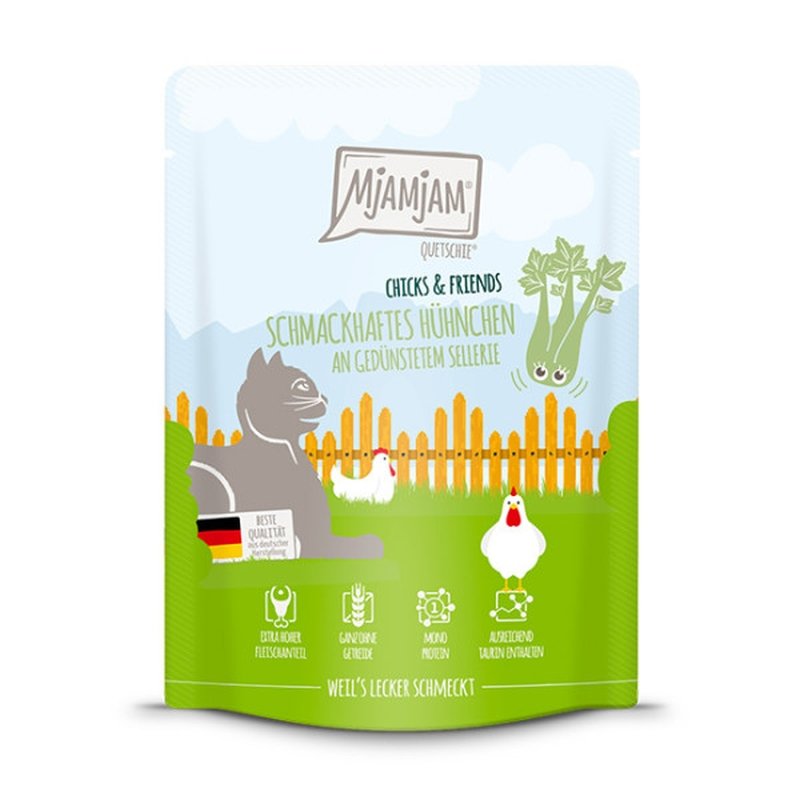 Mjamjam Katzen Nassfutter Chicks & Friends schmackhaftes Hühnchen an gedünstetem Sellerie 1x300g