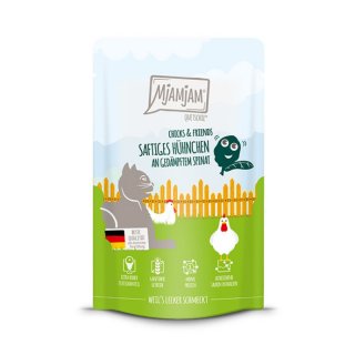 Mjamjam Katzen Nassfutter Chicks & Friends saftiges Hühnchen an gedämpftem Spinat