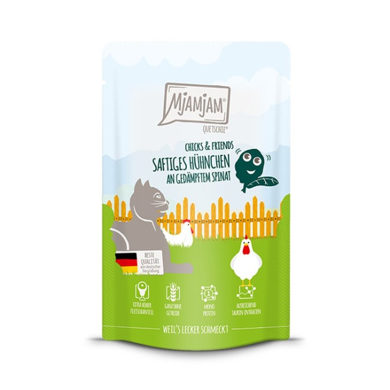 Mjamjam Katzen Nassfutter Chicks & Friends saftiges Hühnchen an gedämpftem Spinat 1x125g