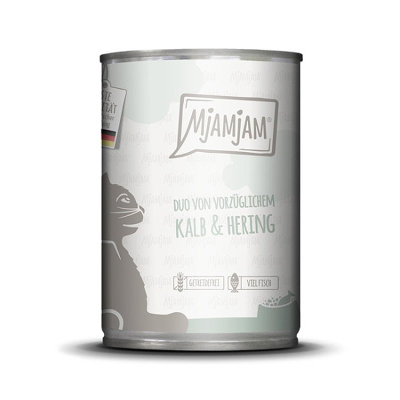 Mjamjam Katzen Nassfutter Quetschie - DUO von vorzüglichem Kalb & Hering 6x400g