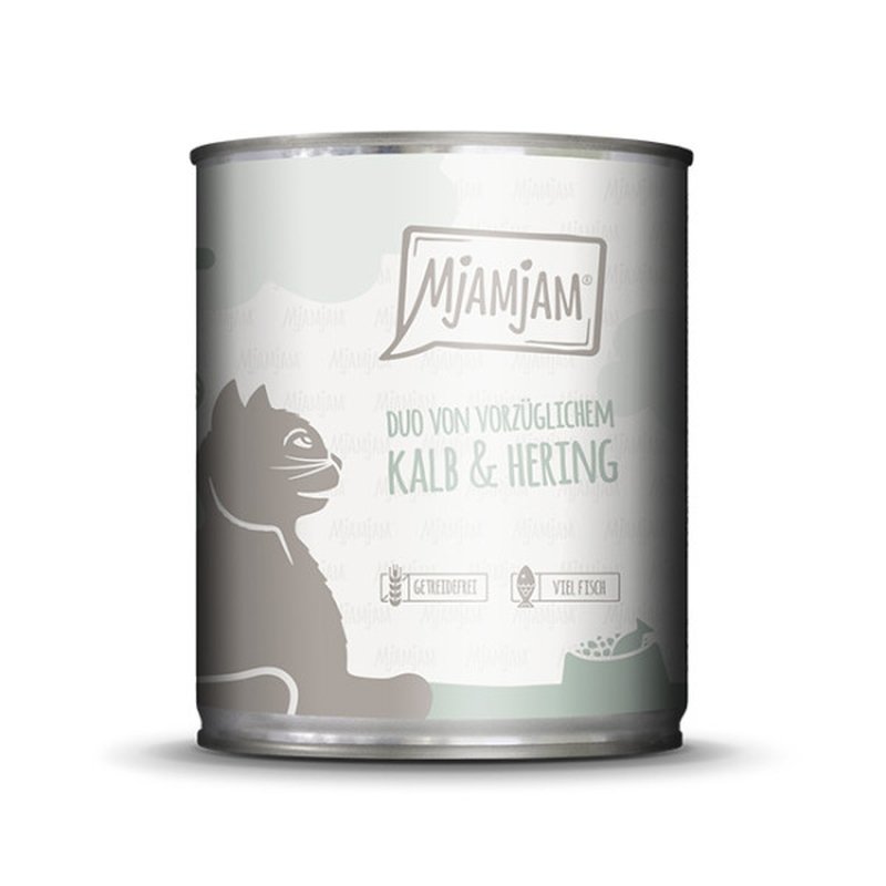Mjamjam Katzen Nassfutter Quetschie - DUO von vorzüglichem Kalb & Hering 6x800g