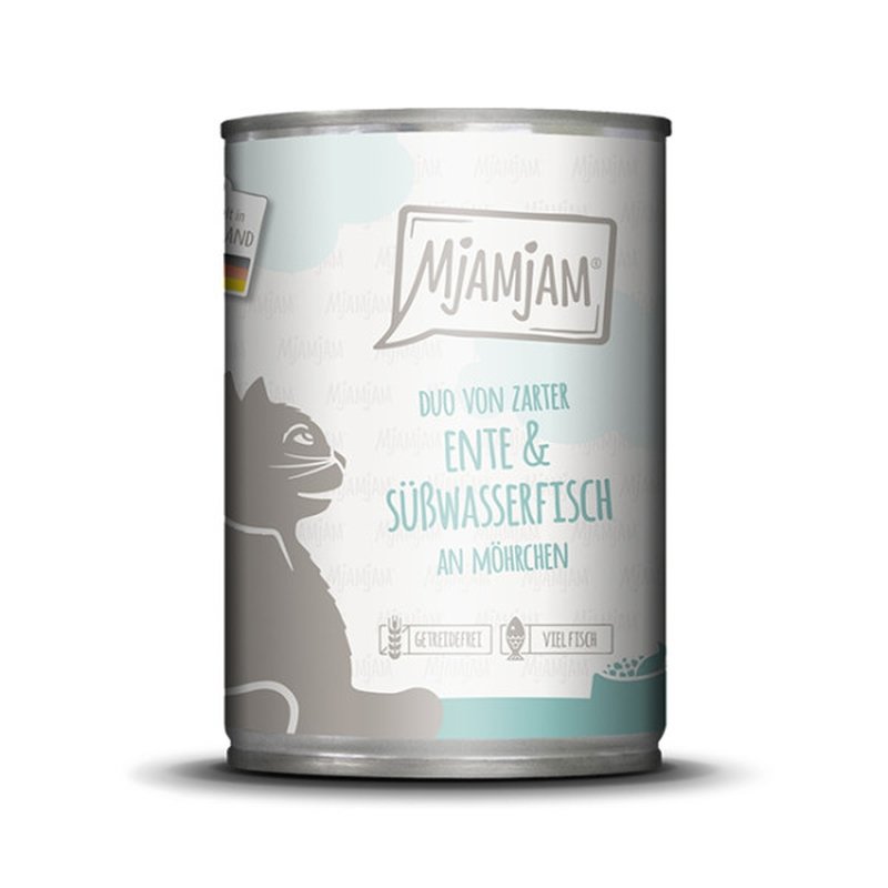 Mjamjam Katzen Nassfutter DUO von zarter Ente & Süßwasserfisch an Möhrchen 1x400g
