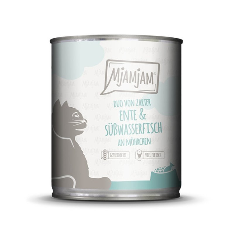 Mjamjam Katzen Nassfutter DUO von zarter Ente & Süßwasserfisch an Möhrchen 6x800g