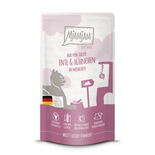 Mjamjam Katzen Nassfutter Quetschie - DUO von zarter Ente & saftigem Hühnchen an Möhrchen