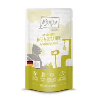 Mjamjam Katzen Nassfutter Quetschie - DUO von zarter Ente & guter Pute an gedämpftem Kürbis
