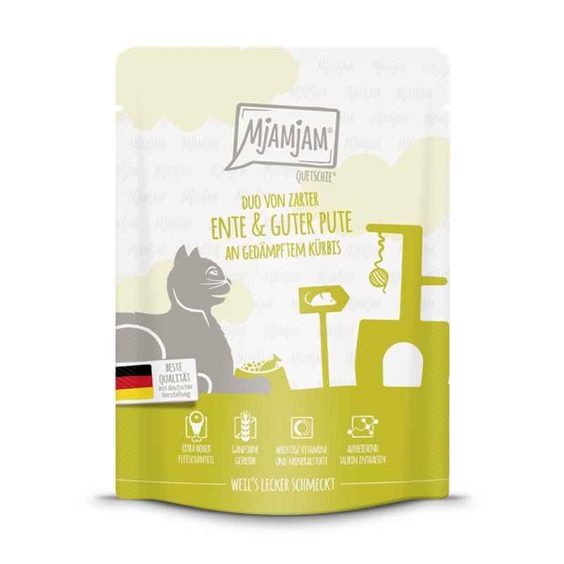 Mjamjam Katzen Nassfutter Quetschie - DUO von zarter Ente & guter Pute an gedämpftem Kürbis 6x300g