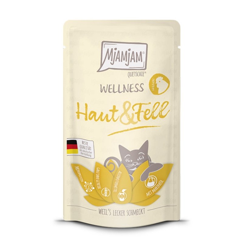 Mjamjam Katzen Nassfutter Quetschie - Wellness - Haut & Fell - Huhn 12x125g