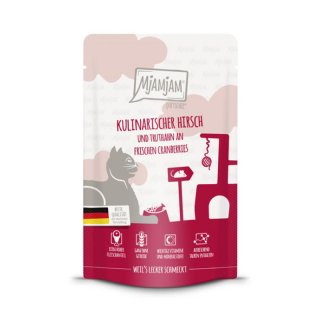 Mjamjam Katzen Nassfutter kulinarischer Hirsch und Truthahn an frischen Cranberries