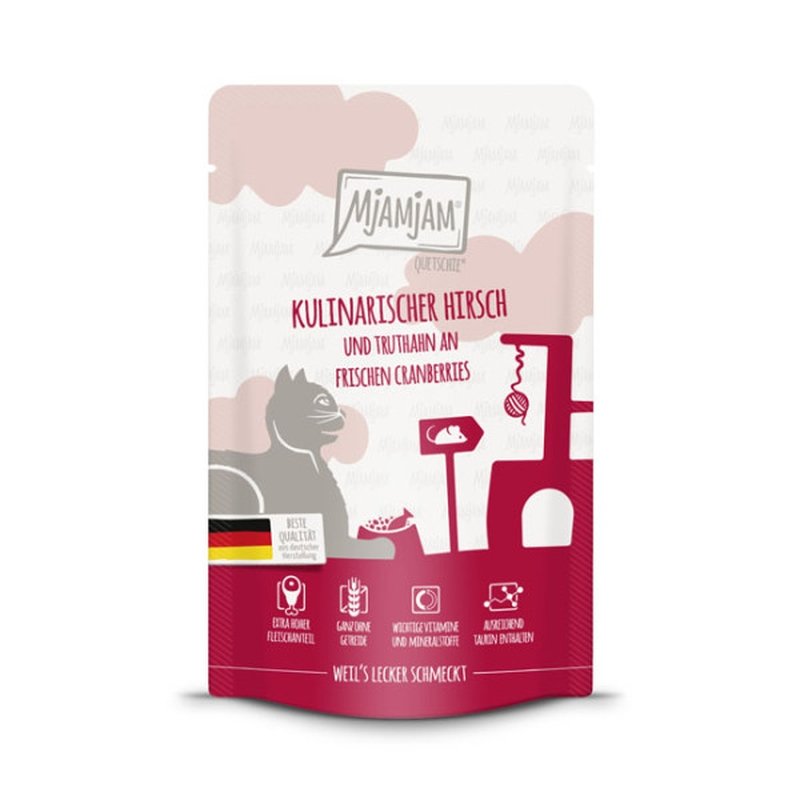 Mjamjam Katzen Nassfutter kulinarischer Hirsch und Truthahn an frischen Cranberries 12x125g