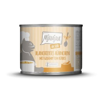 Mjamjam Katzen Nassfutter Hühnchen mit gedämpftem Kürbis an Soße
