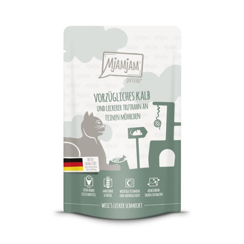 Mjamjam Katzen Nassfutter vorzügliches Kalb & Truthahn an leckeren Möhrchen 12x125g