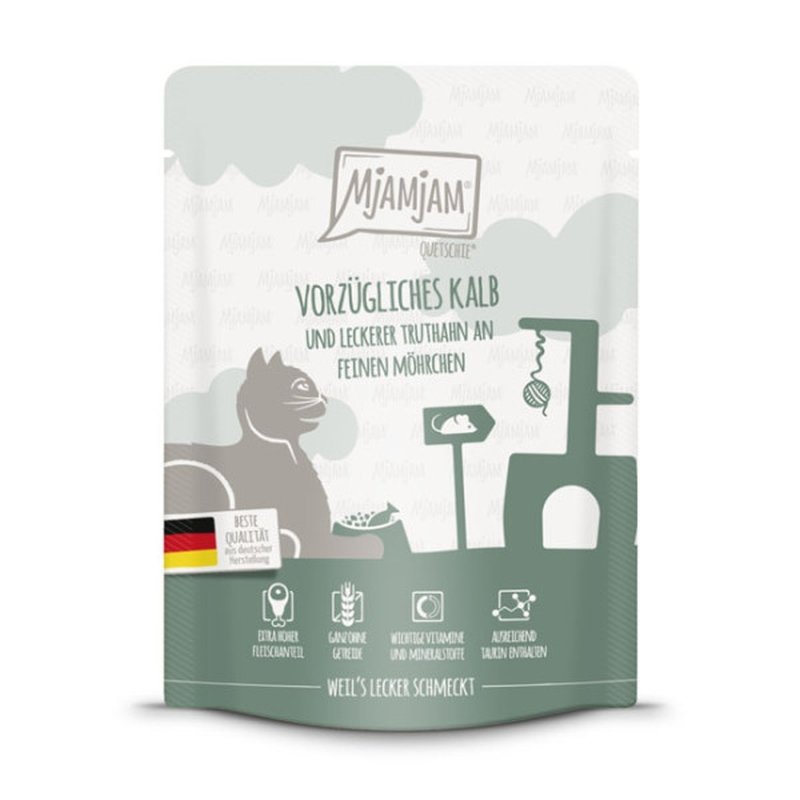 Mjamjam Katzen Nassfutter vorzügliches Kalb & Truthahn an leckeren Möhrchen 6x300g