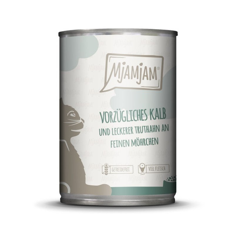 Mjamjam Katzen Nassfutter vorzügliches Kalb & Truthahn an leckeren Möhrchen 1x400g
