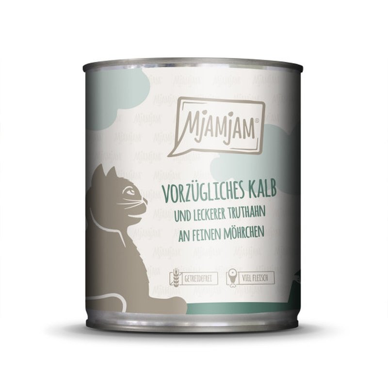Mjamjam Katzen Nassfutter vorzügliches Kalb & Truthahn an leckeren Möhrchen 6x800g