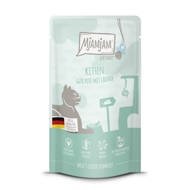 Mjamjam Katzen Nassfutter Kitten gute Pute mit Lachsöl 12x125g