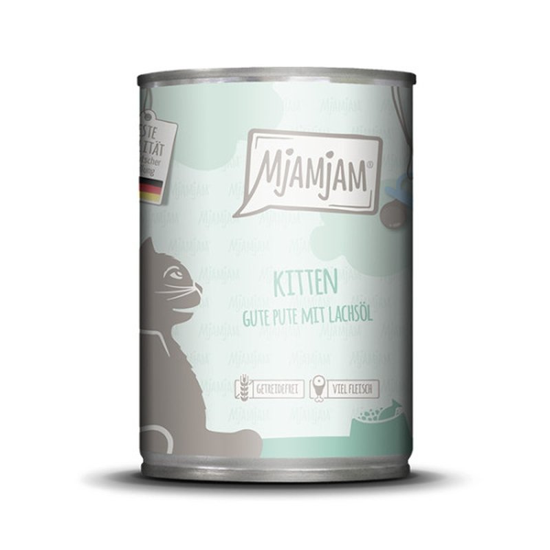 Mjamjam Katzen Nassfutter Kitten gute Pute mit Lachsöl 6x400g