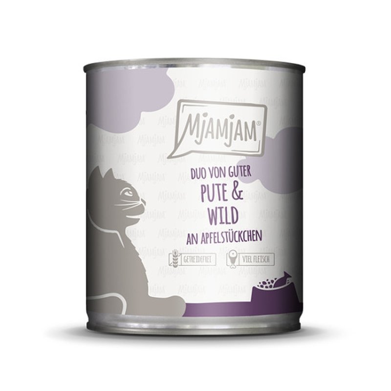 Mjamjam Katzen Nassfutter DUO von guter Pute & Wild an Apfelstückchen 6x800g