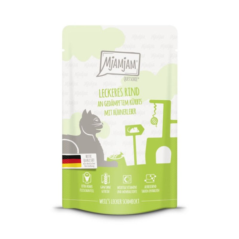 Mjamjam Katzen Nassfutter Quetschie leckeres Rind an gedämpftem Kürbis 1x125g