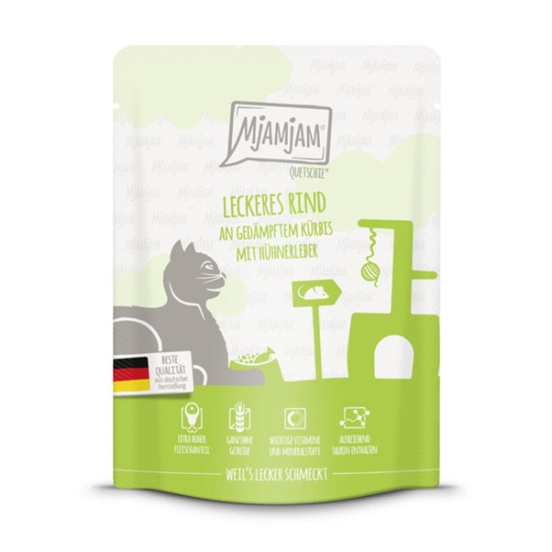 Mjamjam Katzen Nassfutter Quetschie leckeres Rind an gedämpftem Kürbis 1x300g
