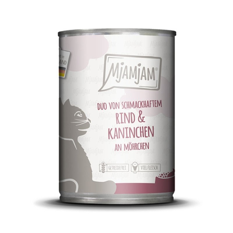Mjamjam Katzen Nassfutter DUO von schmackhaftem Rind & Kaninchen an Möhrchen 1x400g