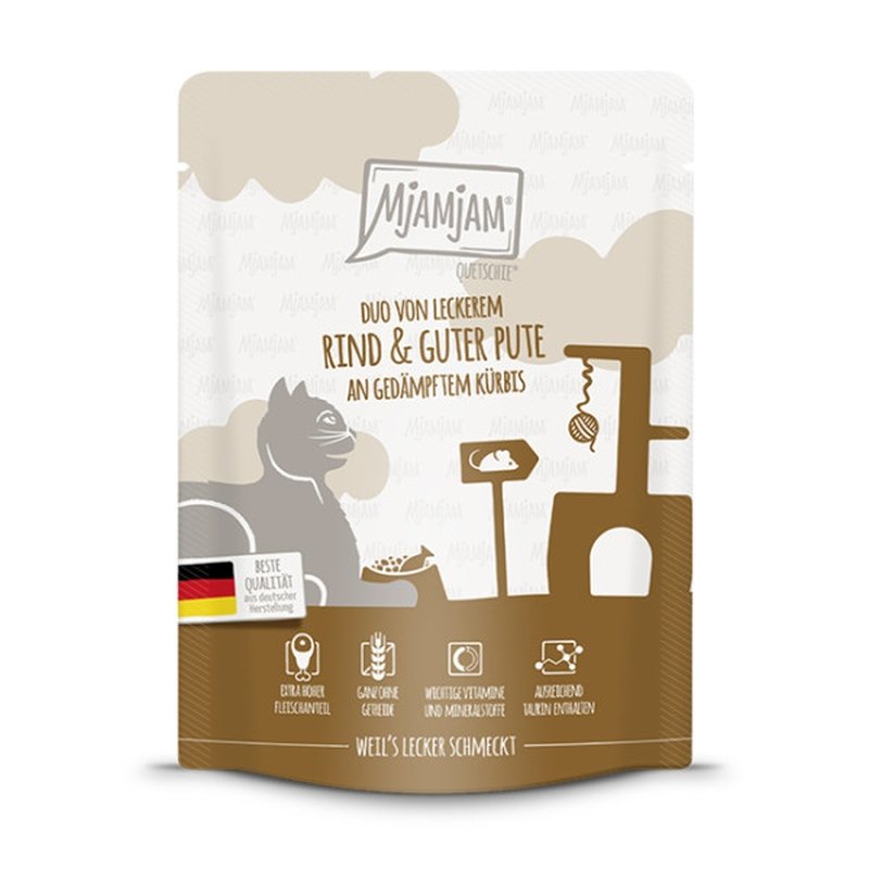 Mjamjam Katzen Nassfutter Quetschie - DUO von leckerem Rind & guter Pute an gedämpftem Kürbis 1x300g