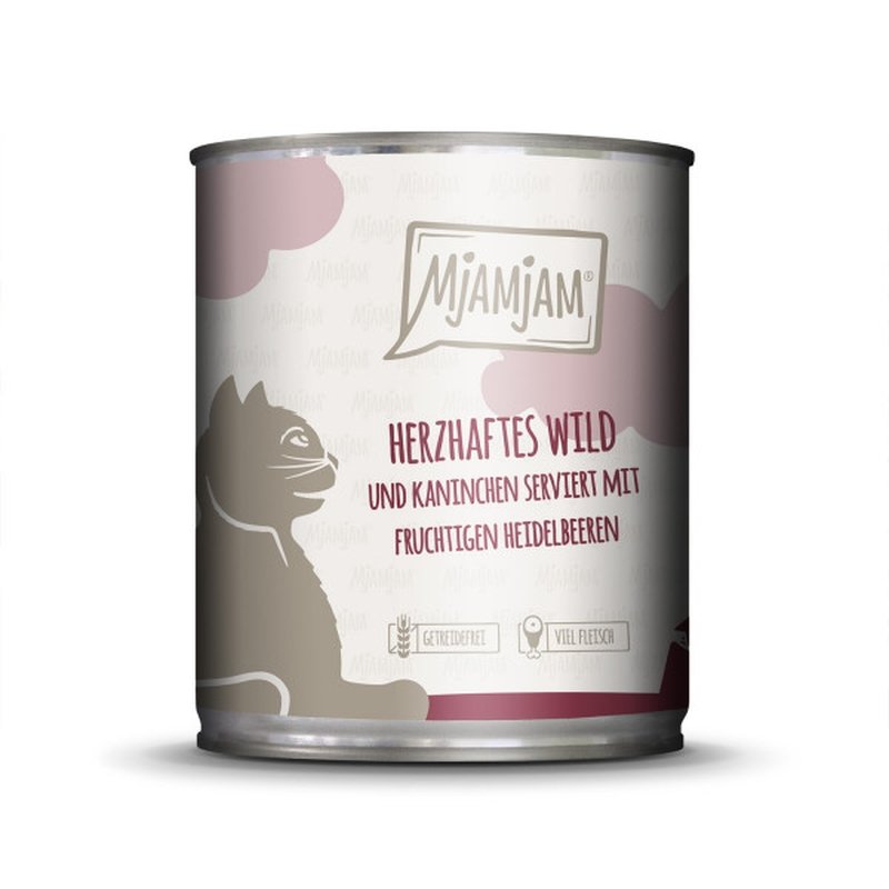 Mjamjam Katzen Nassfutter herzhaftes Wild & Kaninchen an fruchtigen Heidelbeeren 6x800g