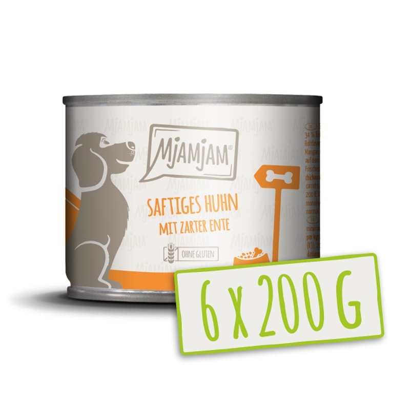 Mjamjam Hunde Nassfutter saftiges Huhn mit zarter Ente an Möhrchen 6x200g
