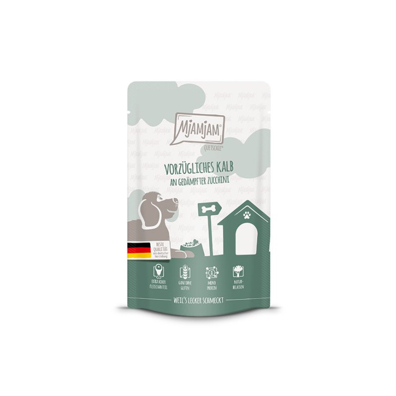 Mjamjam Hunde Nassfutter vorzügliches Kalb an gedämpfter Zucchini 12x125g