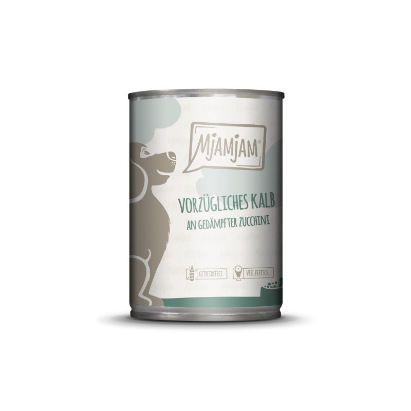 Mjamjam Hunde Nassfutter vorzügliches Kalb an gedämpfter Zucchini 6x400g