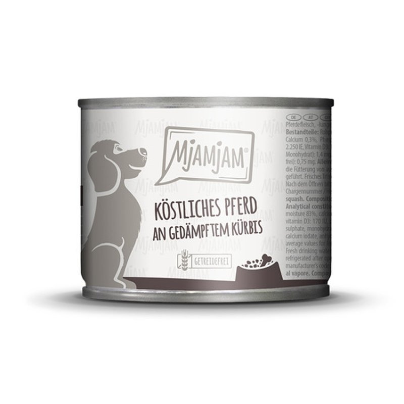 Mjamjam Hunde Nassfutter köstliches Pferd an gedämpften Kürbis 6x200g