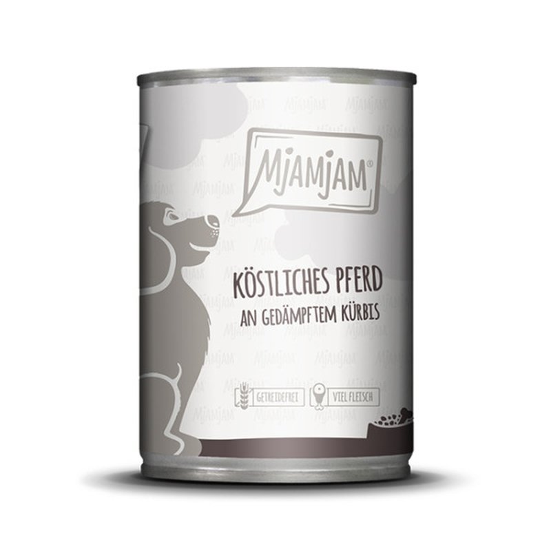 Mjamjam Hunde Nassfutter köstliches Pferd an gedämpften Kürbis 6x400g