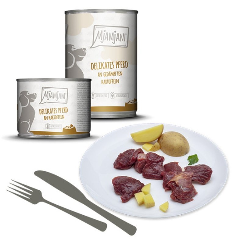 Mjamjam Hunde Nassfutter delikates Pferd an gedämpften Kartoffeln 6x200g