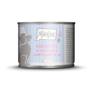Mjamjam Hunde Nassfutter blanchierte Pute mit reichlich Lachs und Soße