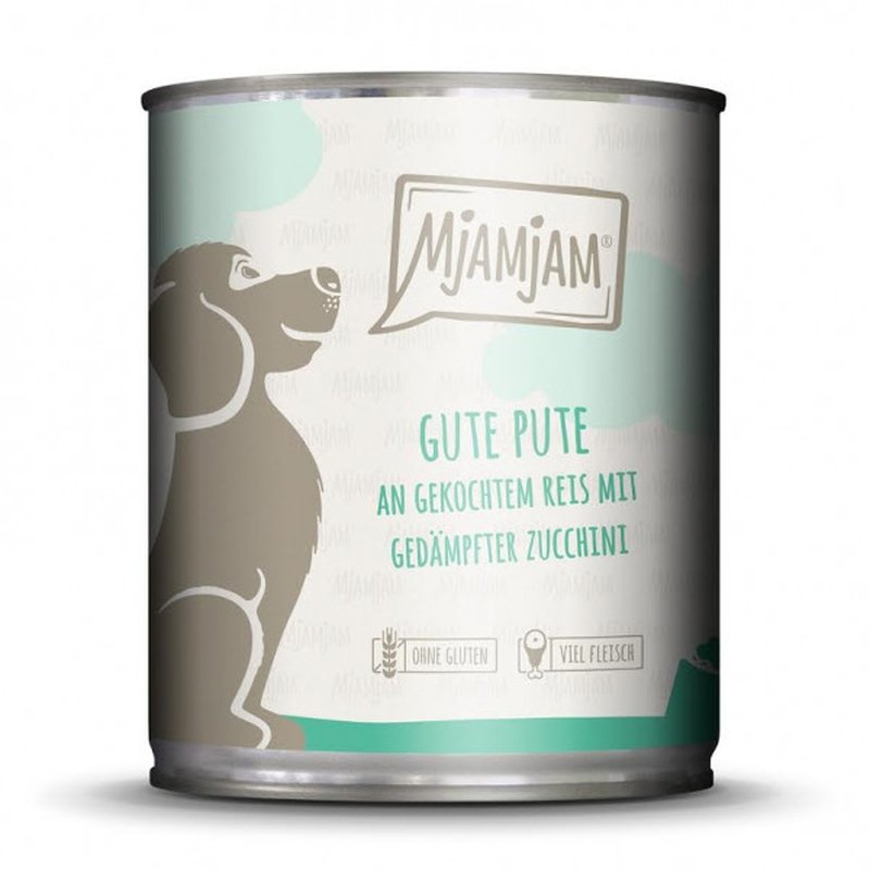 Mjamjam Hunde Nassfutter gute Pute an gekochtem Reis mit gedämpfter Zucchini 6x800g