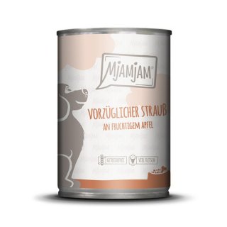 Mjamjam Hunde Nassfutter Dose vorzüglicher Strauß an fruchtigem Apfel 6x400g