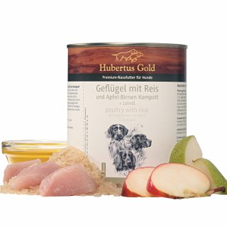 Hubertus Gold Premium-Nassfutter Geflügel mit Reis und Apfel-Birnen Kompott + Leinöl