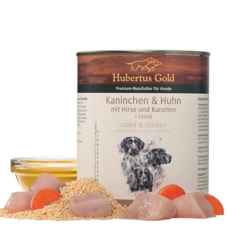 Hubertus Gold Premium-Nassfutter Kaninchen & Huhn mit Hirse und Karotten + Leinöl 800g