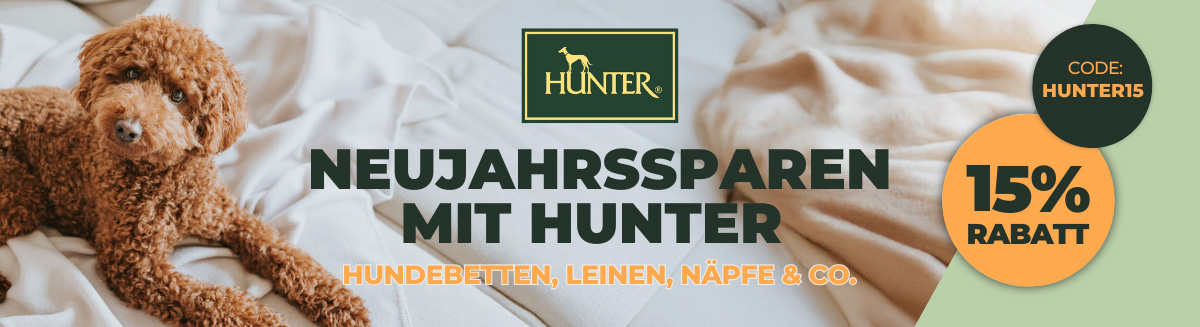 Neujahrssparen mit HUNTER – 15 % Rabatt auf Hundebetten, Leinen, Näpfe & Zubehör