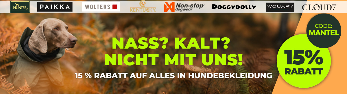 15 % Rabatt auf Hundebekleidung wie Regenmäntel, Wintermäntel, Bademäntel und Pullover